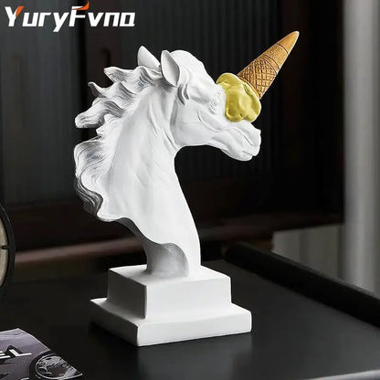 White resin horse head decorbites ice cream sculpture with golden waffle cone and yellow scoop for office decor