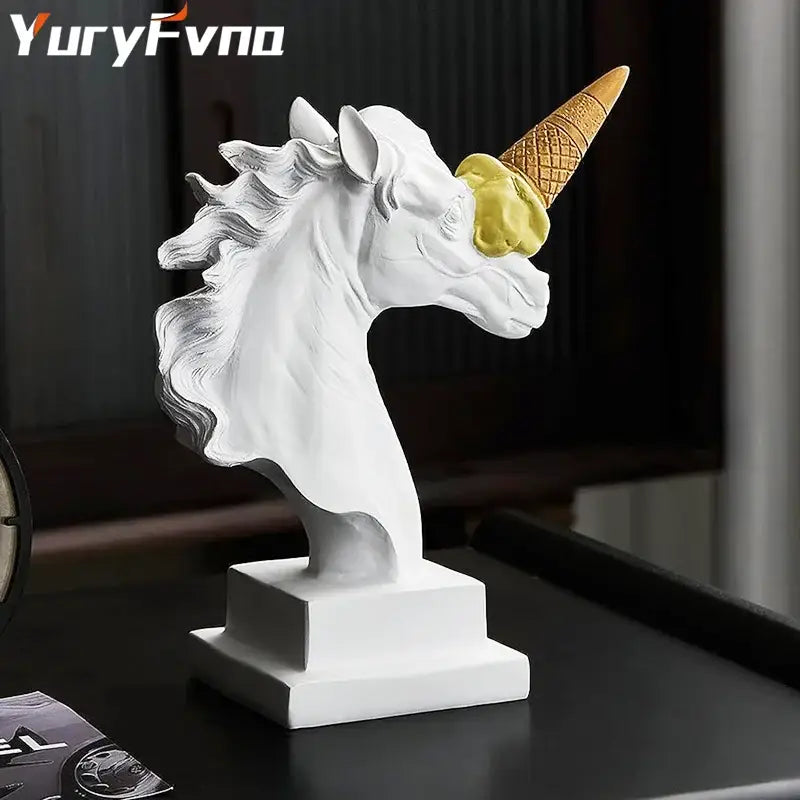 White resin horse head decorbites ice cream sculpture with golden waffle cone and yellow scoop for office decor
