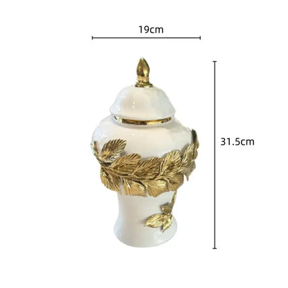 White and gold leaves ceramic flower vase with ginger jar shape and golden finial accents for living room decorbites golden leaves