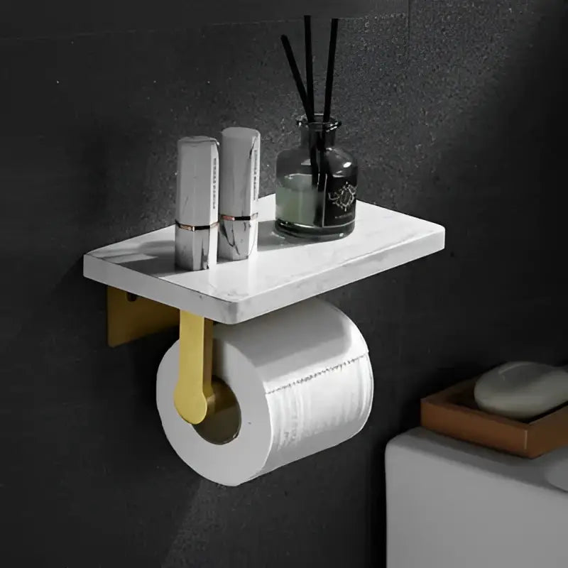 White marble paper holder with yellow gold marble metal bracket and toilet paper for bathroom decorbites gold marble