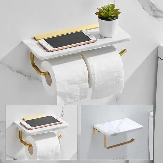 White and gold marble toilet paper holder bathroom shelf with gold-tone metal brackets and built-in paper holder decorbites gold marble