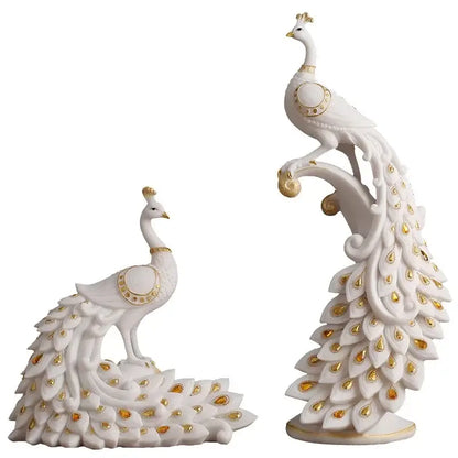 White and gold peacock sculpture with detailed feather patterns for home decor by decorbites golden phoenix