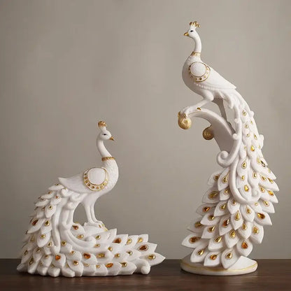 White and gold peacock sculpture with detailed feather patterns for home decor by decorbites golden phoenix peacock collection