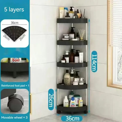 Black five-layer corner cart storage rack with wheels and reinforced foot pad for kitchen organizing and rolling cart storage