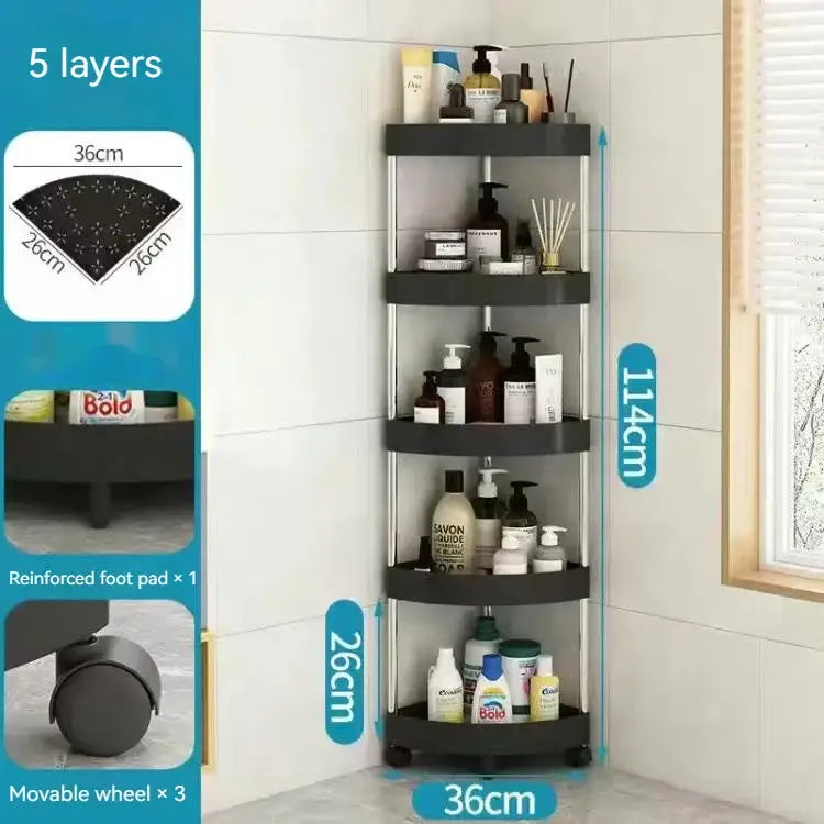 Black five-layer corner cart storage rack with wheels and reinforced foot pad for kitchen organizing and rolling cart storage