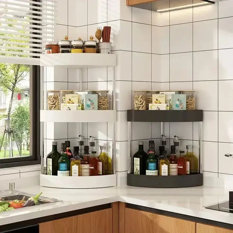White and dark gray three-tiered corner kitchen shelf unit with glass inserts for rolling cart storage rack organizing