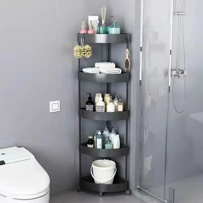 Dark gray four-tiered rolling cart storage rack with rounded edges and small wheels for kitchen organizing