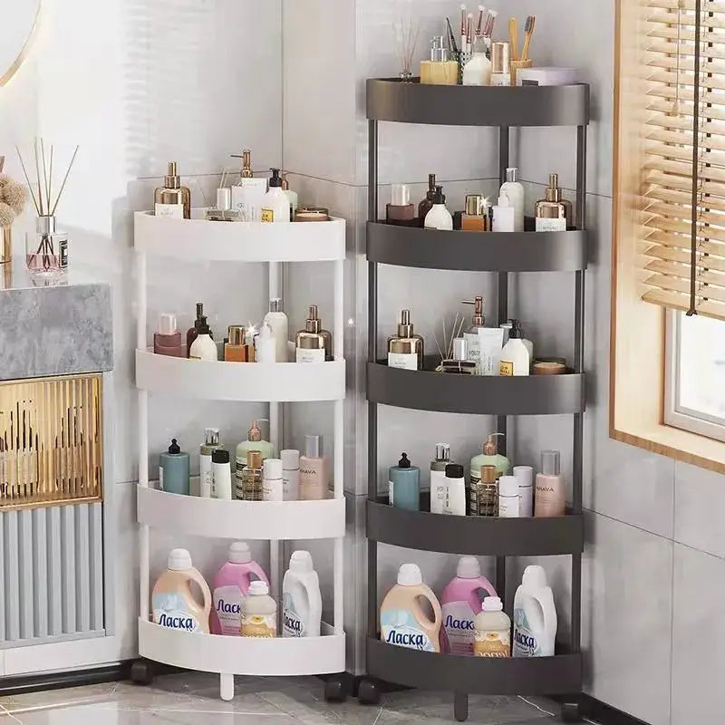 White and gray four-tiered corner rolling cart storage rack with curved trays and black caster wheels for kitchen organizing