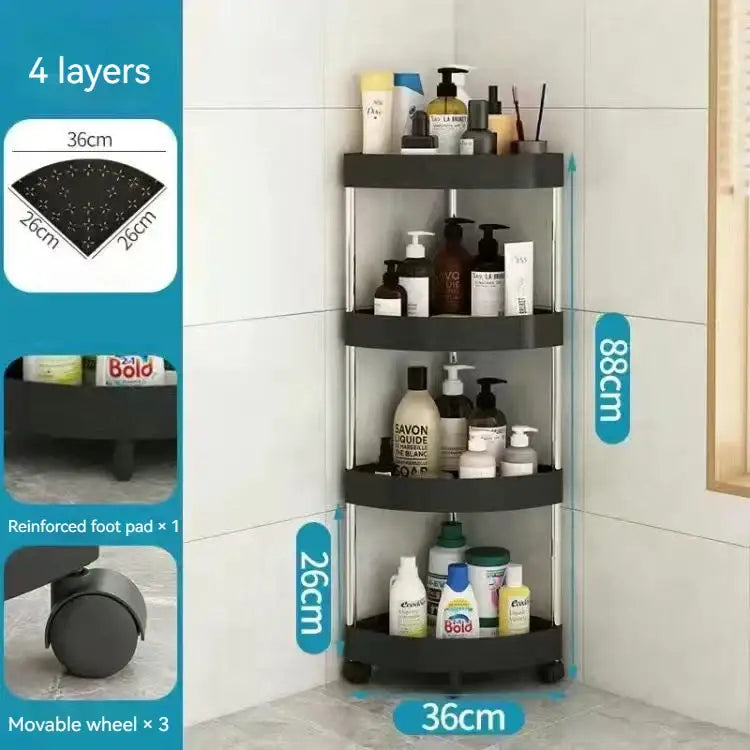 Black four-tier corner shelf with sleek modern design and reinforced foot pad for stable rolling cart storage rack use