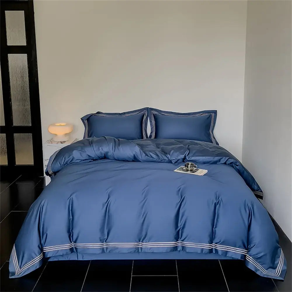 Blue satin-like bedding set with white striped trim in egyptian cotton decorbites 1200tc embroidered duvet cover