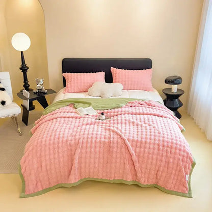 Pink and green textured plush quilted blanket with cartoon printed faux rabbit design for bedroom decorbites cartoon printed