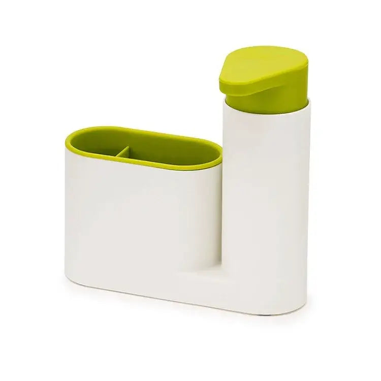 White and lime green silicone kitchen sink organizer with built-in soap dispenser for shampoo soap and bathroom use
