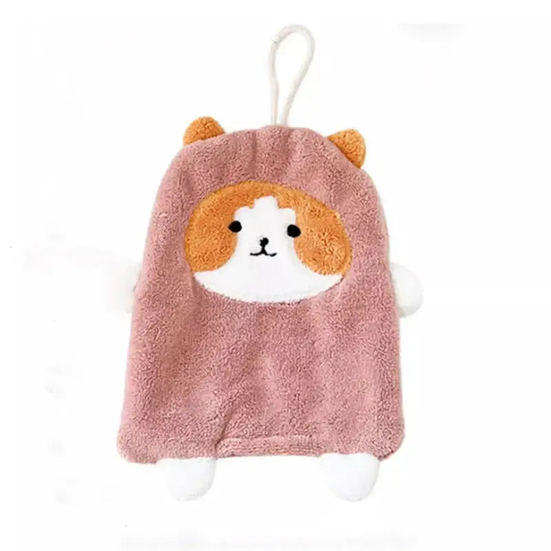 Pink plush bath sponge shaped like a cute dog with orange ears and white paws for decorbites coral plush hand towel decor