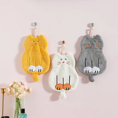 Three plush coral plush cat hand towels in yellow white and gray with embroidered paws for bathroom decorbites coral plush use