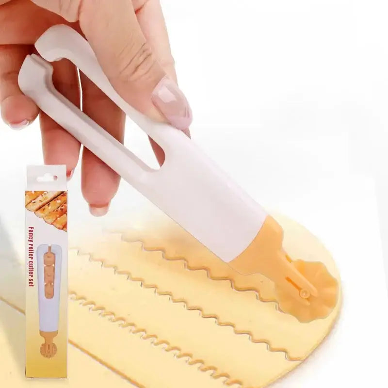 White and orange plastic decorbites dough roller cutter with handle for decorative pastry dough cutting