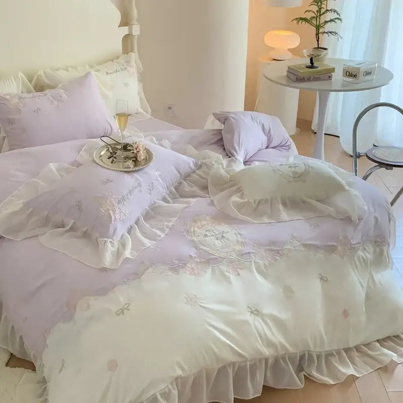 Lavender and white 4pcs flowers embroidery bedding set with delicate floral embroidery and ruffled design