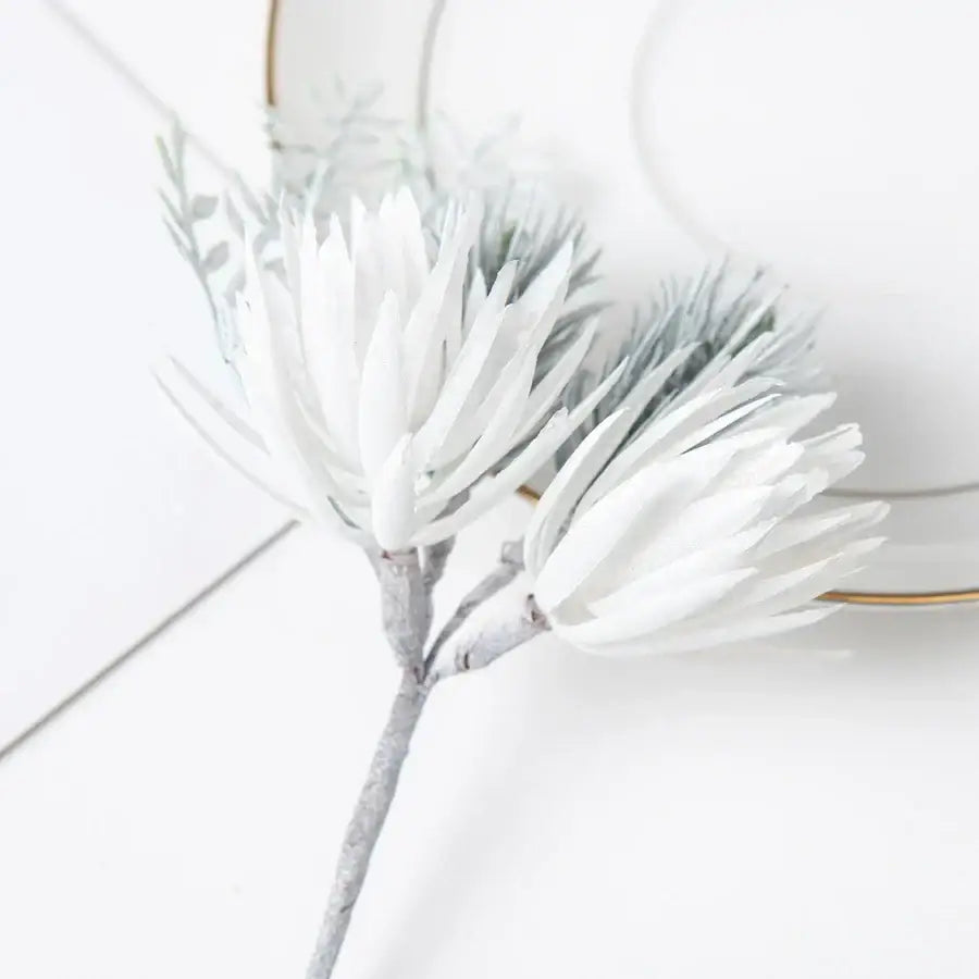 White and silver decorbites artificial flowers garland with delicate spiky petals and gray stem for wedding decor