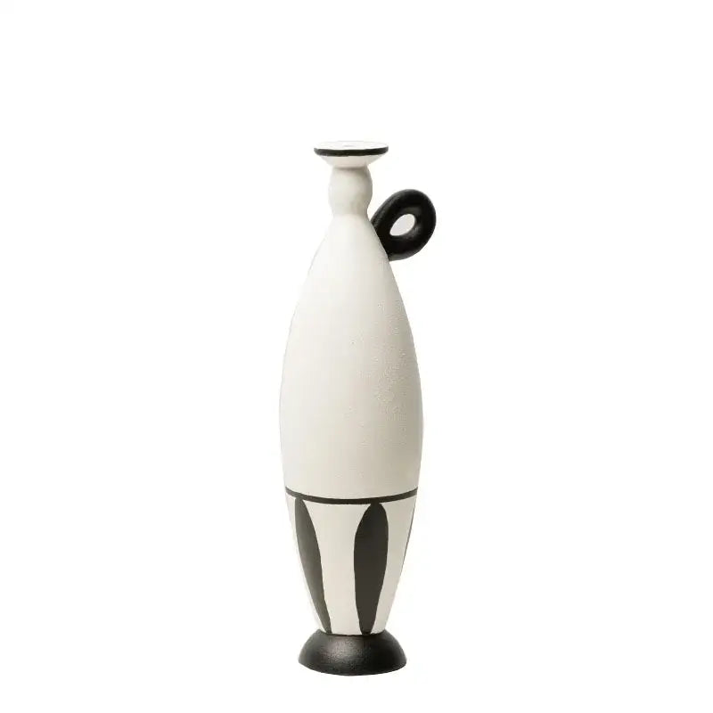 A sleek white ceramic vase with black handle and geometric black lines for stylish living room decor