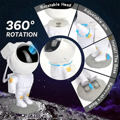 White astronaut star night light projector with rotatable head and adjustable arm on gray base for bedroom decorbites astronaut star