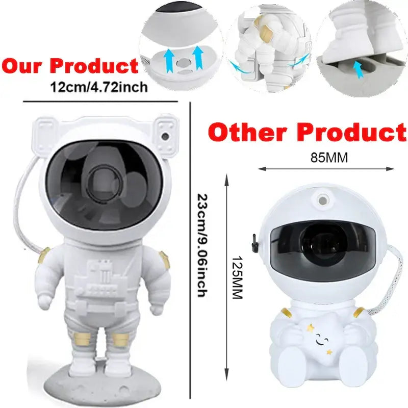 White astronaut star night light projector with gold accents and black visor on gray base for bedroom decorbites astronaut star