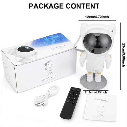 White astronaut star night light projector with glossy black visor and gold boots on gray base for bedroom decorbites astronaut star