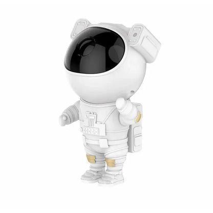 White astronaut star projector night light with black visor and gold accents for bedroom galaxy decor