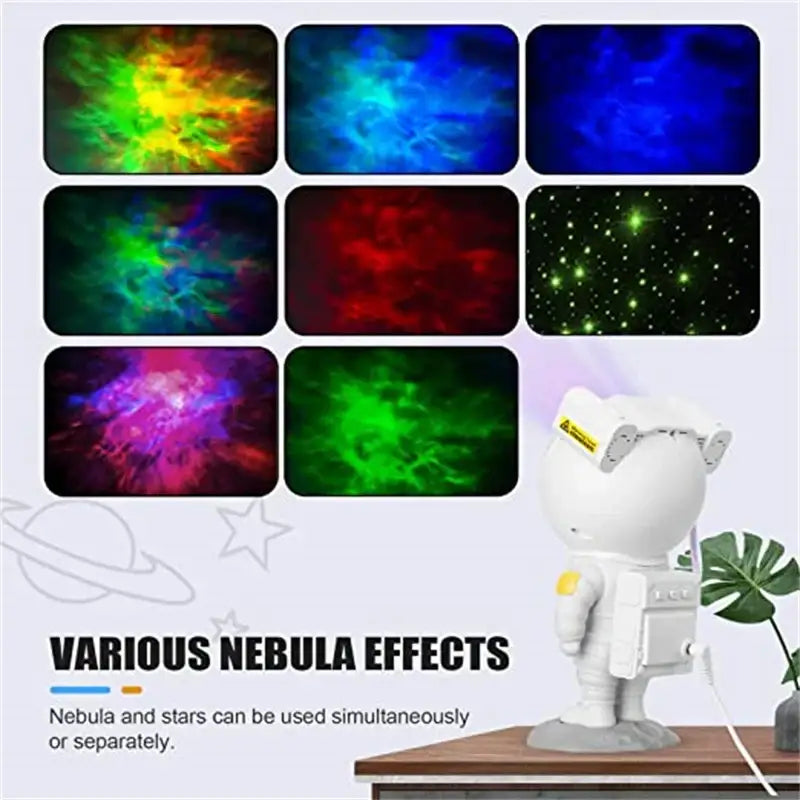White astronaut star projector night light casting vibrant nebula and starlight effects for bedroom galaxy decor