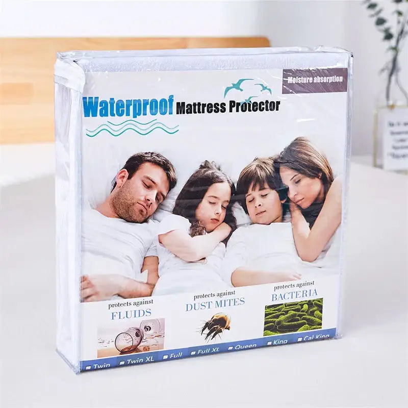 White baby elder hypoallergenic waterproof fitted sheet in clear packaging with protection against fluids dust mites and bacteria