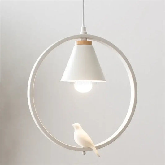 White ceramic iron ring pendant light with a circular frame and small bird figurine for bedroom decorbites decor