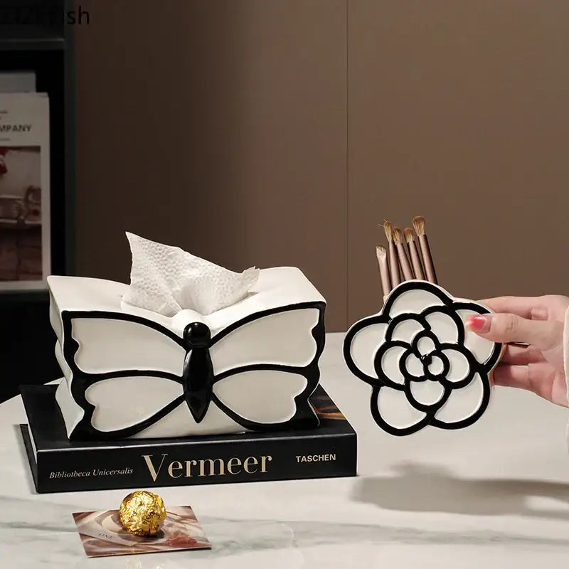 White ceramic tissue box with black butterfly design for decorbites butterfly ceramic bedroom decor use