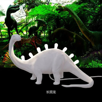 White brontosaurus t-rex dinosaur resin led desk lamp with glowing spines for bedroom lighting and decor