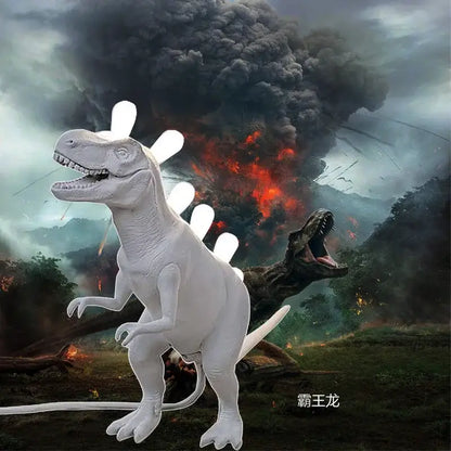 White resin led desk lamp shaped like a stegosaurus with glowing white led lights along its back for bedroom use