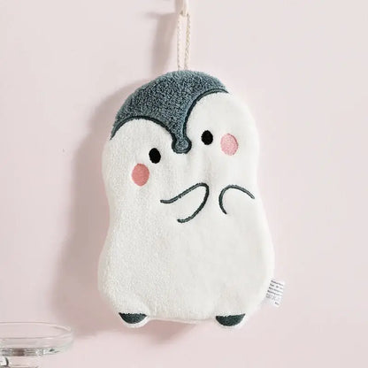 White and brown cartoon animals microfiber hand towels set featuring a plush white penguin-shaped bath sponge with gray head and pink cheeks