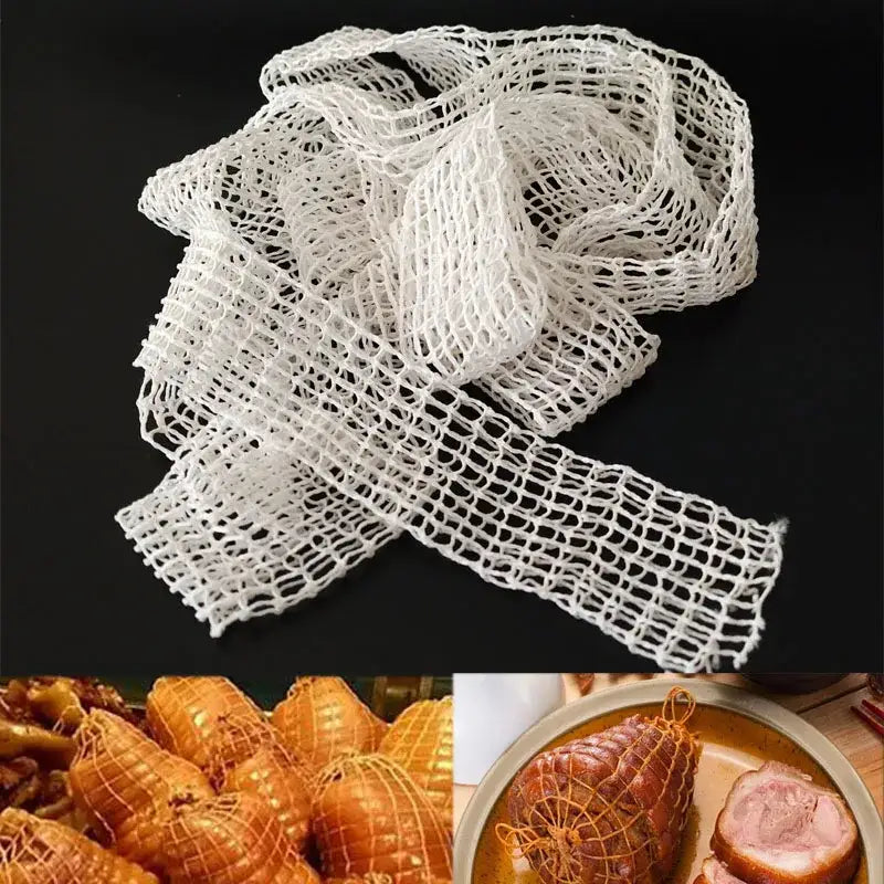 White mesh netting butcher’s string roll made of durable material for bundling and displaying roasted meats in kitchen