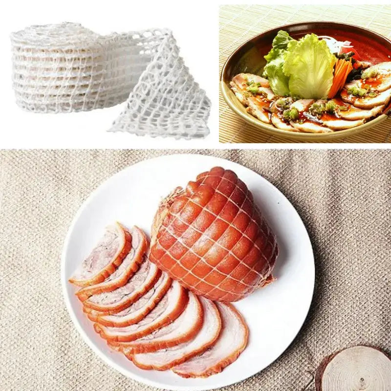 Crisp pinkish-brown roasted pork belly tied with white butcher’s string roll for kitchen display and meat mesh netting