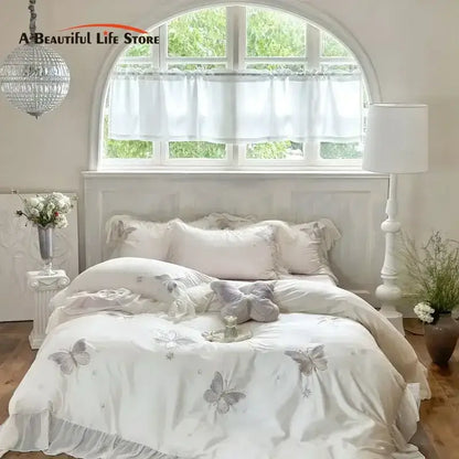 White butterfly lace ruffles bedding set with delicate ruffles and subtle gray embroidery for elegant bedroom decorbites butterfly lace