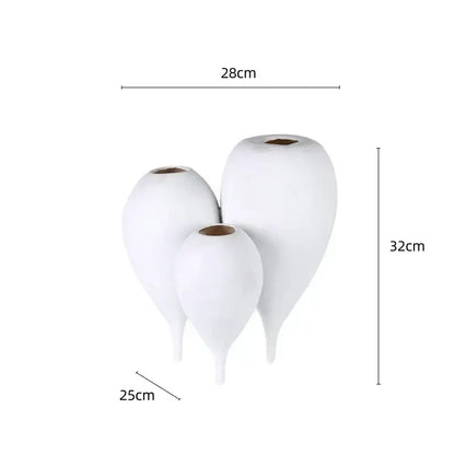 Set of three white ceramic balloon geometric vases with teardrop shapes and tapered bases for living room decor