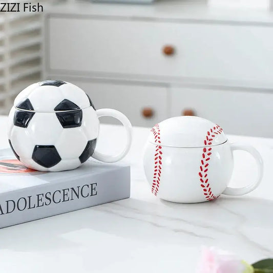 White ceramic baseball shape ceramic mug with lid alongside a soccer ball ceramic mug for kitchen use decorbites baseball shape