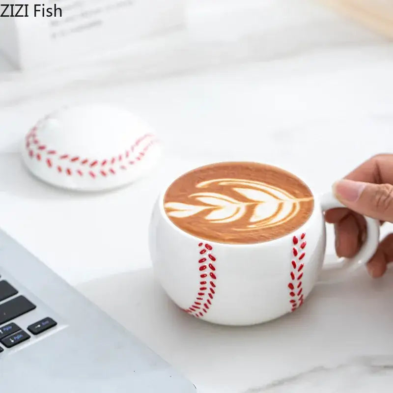 White ceramic baseball shape ceramic mug with red stitching details and matching lid by decorbites baseball shape design