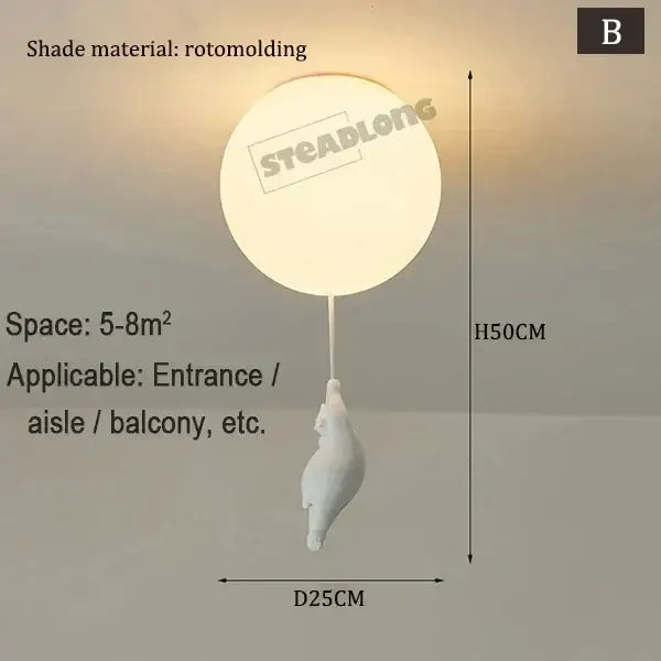 White rotomolded balloon-shaped ceiling light featuring a white ceramic bear cartoon pendant lamp for kids bedroom