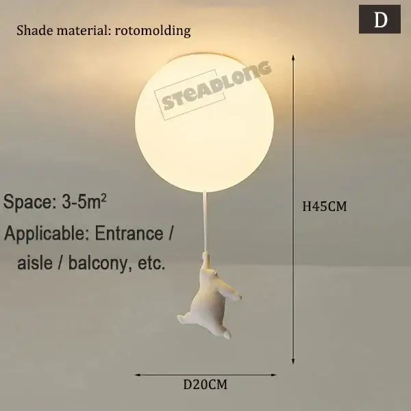 White rotomolded balloon-shaped ceiling pendant lamp with white ceramic bear cartoon figurine for kids bedroom