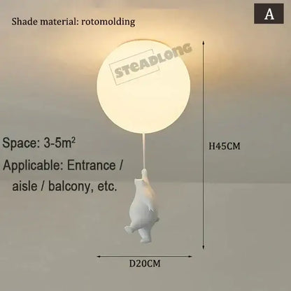 White ceramic bear cartoon pendant lamp with white rotomolded balloon-shaped ceiling light for kids bedroom