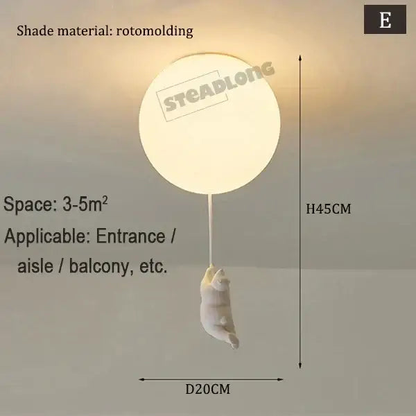 White ceramic bear cartoon pendant lamp with white rotomolded balloon ceiling light and hanging cat figurine for kids bedroom
