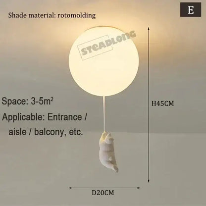 White ceramic bear cartoon pendant lamp with white rotomolded balloon ceiling light and hanging cat figurine for kids bedroom