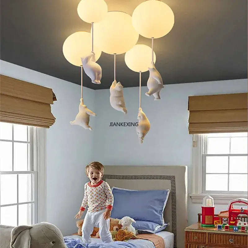 White ceramic bear led ceiling chandelier featuring spherical globe bulbs for bedroom lighting use