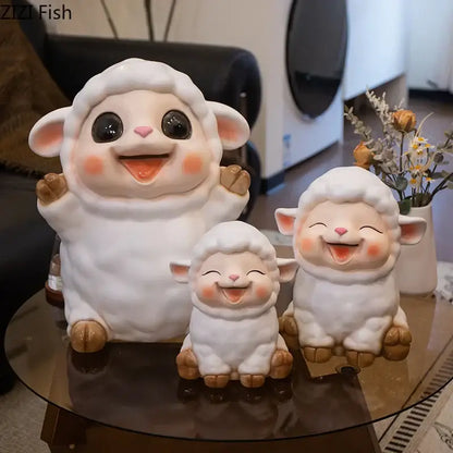White ceramic sheep savings jar piggy bank family set with brown hooves and pink noses for bedroom decor