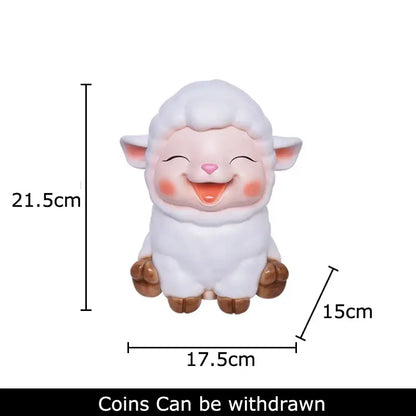 White ceramic sheep savings jar piggy bank with pink cheeks and smiling face for family bedroom decor