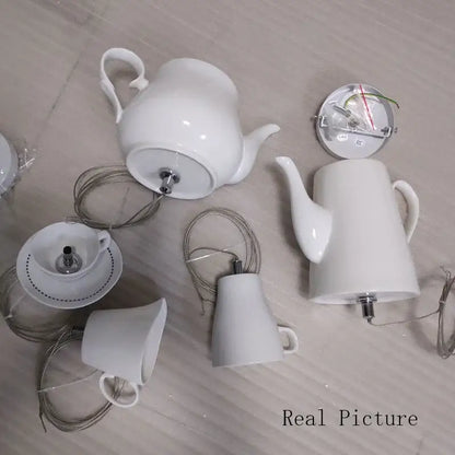 White ceramic teapot ceramic led pendant light with metallic stem for kitchen warm glow decorbites pendant lights