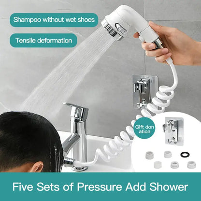 White handheld shower nozzle with chrome accents and flexible hose designed for easy attachment to standard faucets