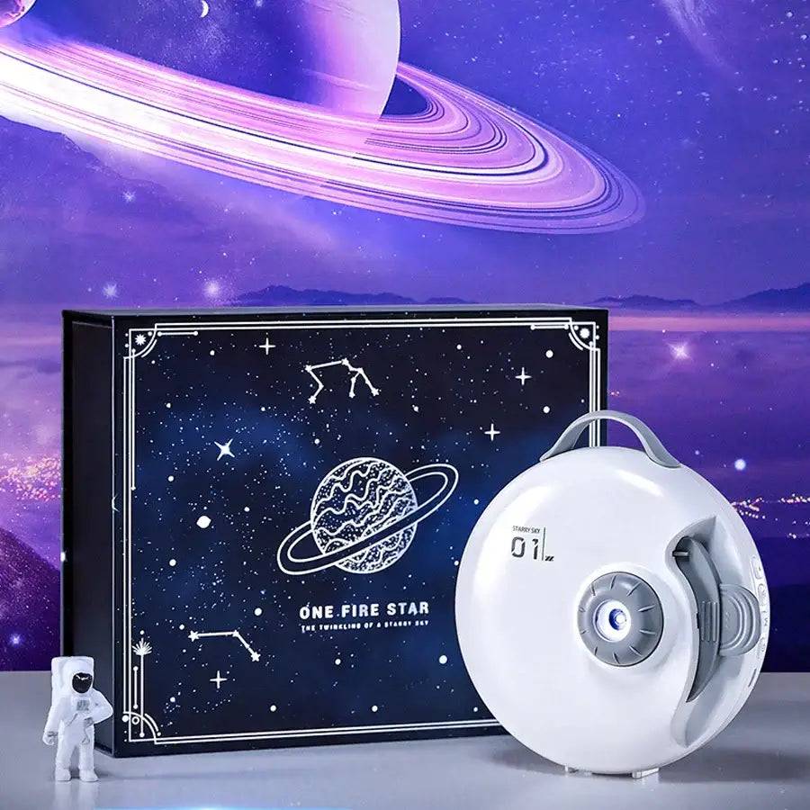 White circular decorbites galaxy starry projector night light with gray accents and blue-lit lens for bedroom use